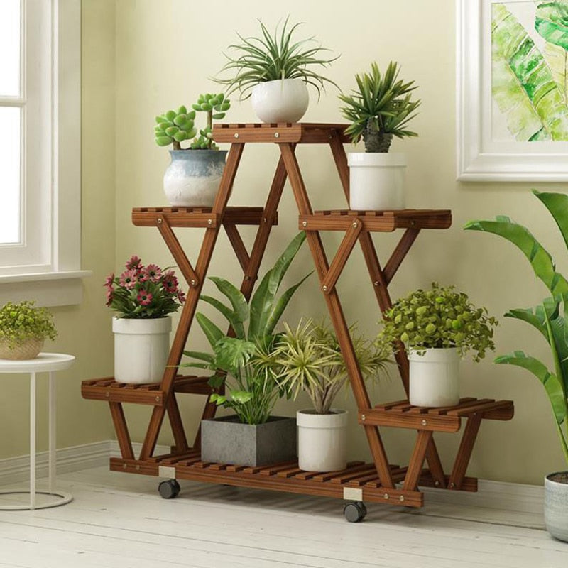 Triangular Plant Stand with Wheels | 6 Potted Wood Plant Holder | Flower Pot Stand