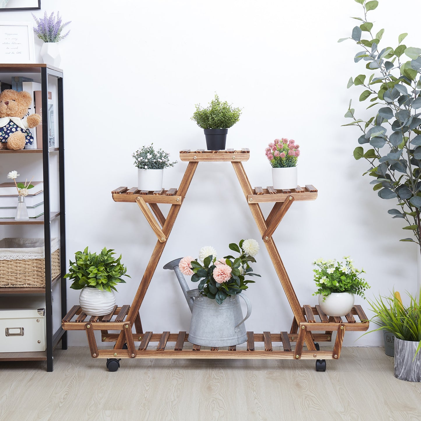 Triangular Plant Stand with Wheels | 6 Potted Wood Plant Holder | Flower Pot Stand