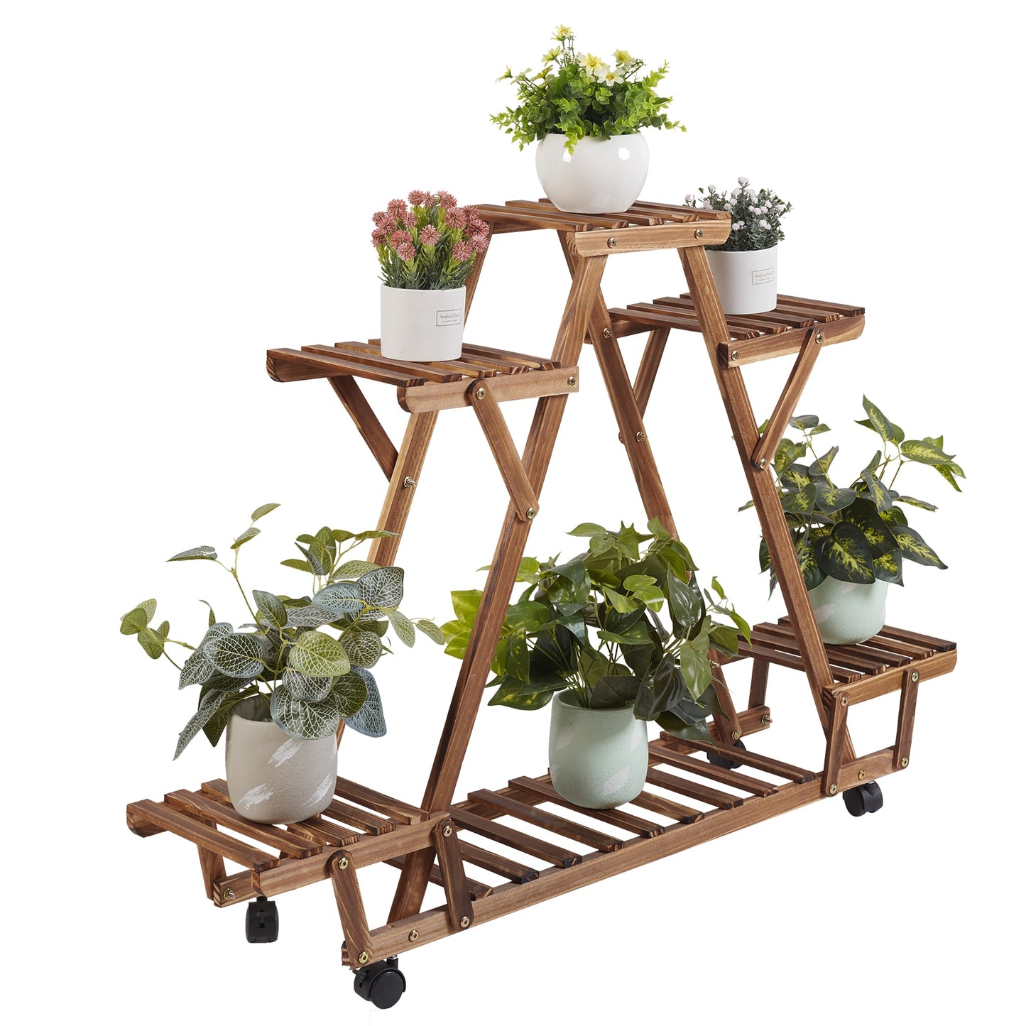 Triangular Plant Stand with Wheels | 6 Potted Wood Plant Holder | Flower Pot Stand