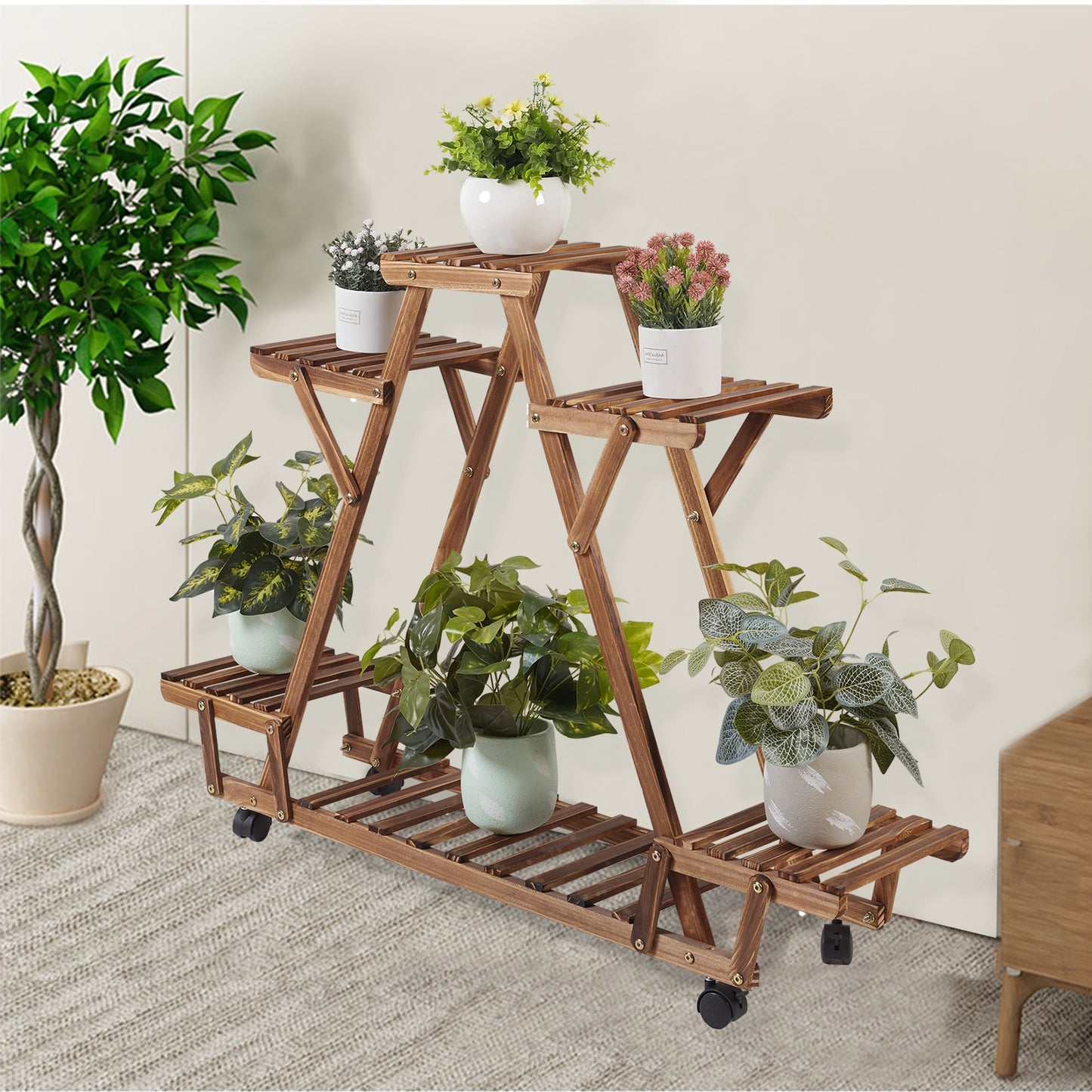 Triangular Plant Stand with Wheels | 6 Potted Wood Plant Holder | Flower Pot Stand