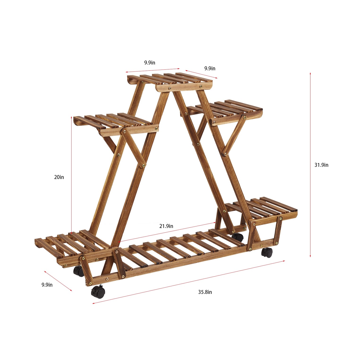 Triangular Plant Stand with Wheels | 6 Potted Wood Plant Holder | Flower Pot Stand