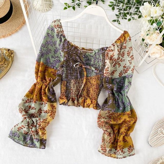 Liva - Patchwork Long Sleeve Boho Style Blouse - Vixily