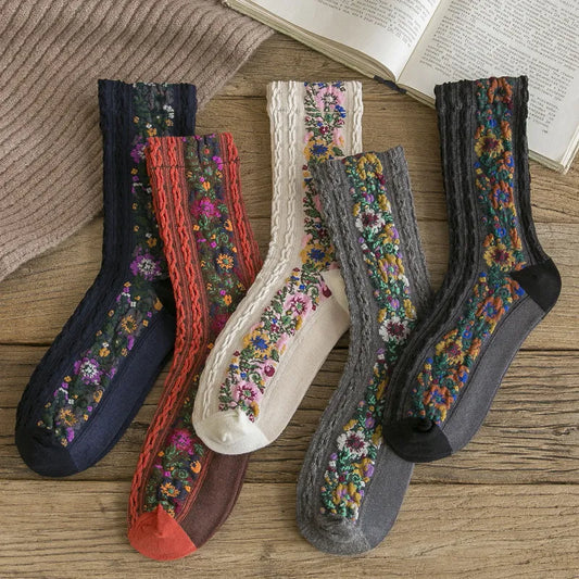 Elfix - 5Pairs/Pack Vintage Floral Cotton Socks