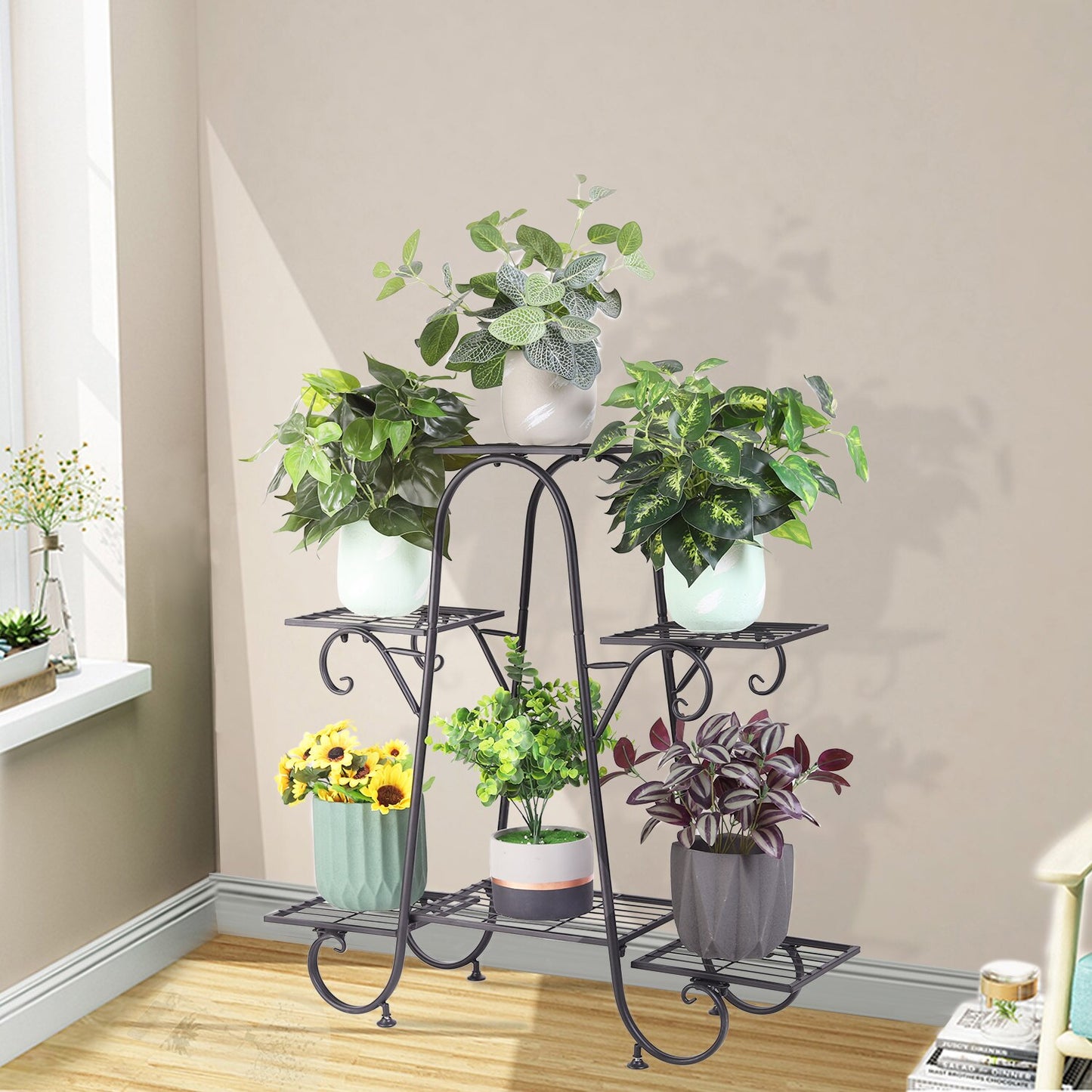 6 Tiers Plant Stand for Indoor and Outdoor | Black Metal Flower Pot Shelf